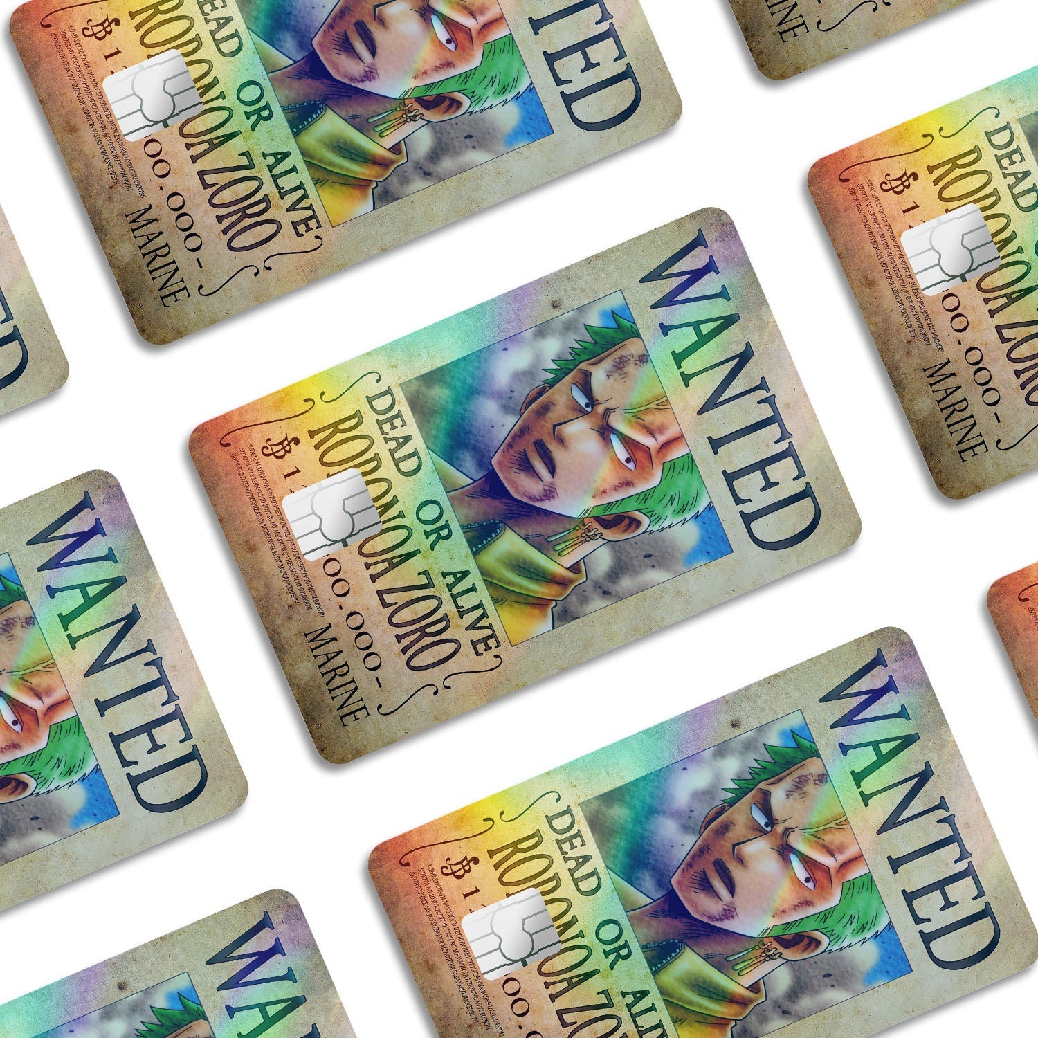 Flex Designs Holographic Credit Card One Piece Zoro Wanted Poster Window Skins - Anime One Piece Holographic Credit Card & Debit Card Skin