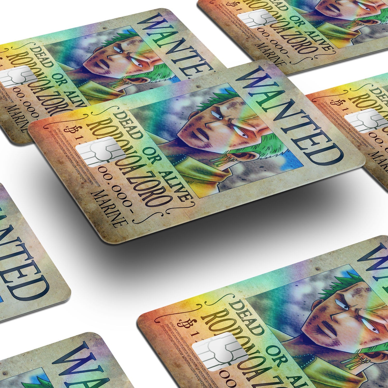 Flex Designs Holographic Credit Card One Piece Zoro Wanted Poster Window Skins - Anime One Piece Holographic Credit Card & Debit Card Skin