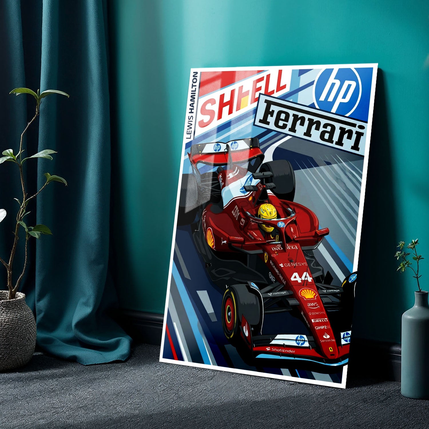 Flex Designs Metal Poster Lewis Hamilton Ferrari F1 Cartoonified 24 x 36" Home Goods - Sports  Metal Poster