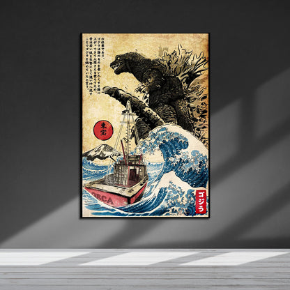 Flex Designs Metal Poster Godzilla Great Wave Art 5 x 7" Home Goods - Artist Artwork  Metal Poster
