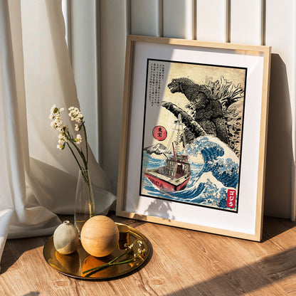 Flex Designs Poster Godzilla Great Wave Art 5 x 7" Home Goods - Artist Artwork  Poster